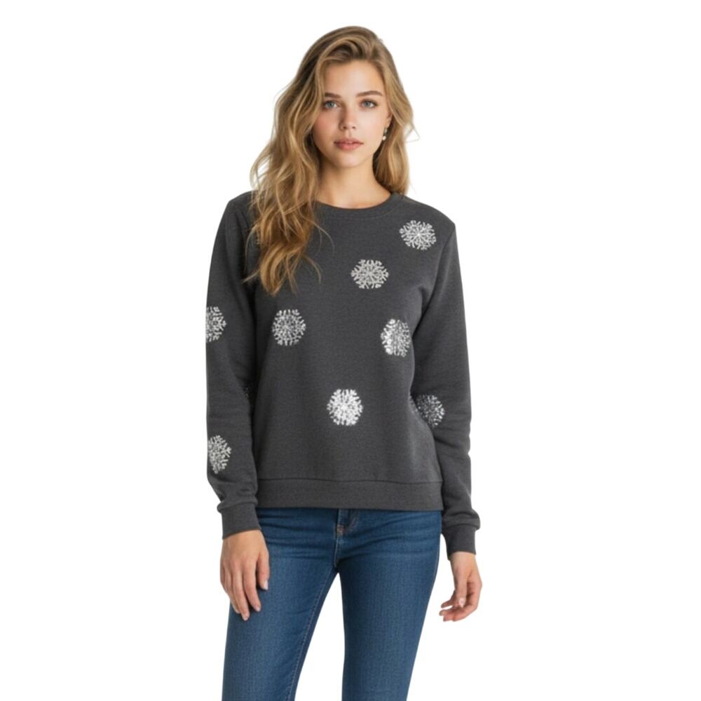 Mesh + Love Gray Sequin Snowflake Crewneck Sweatshirt